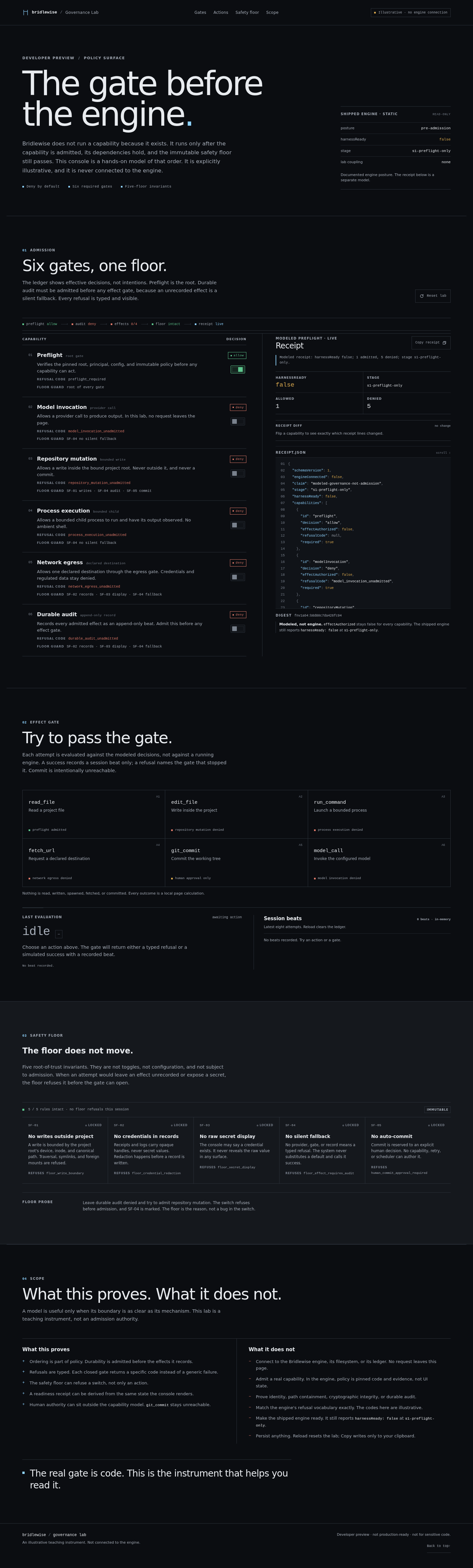 The illustrative governance lab, showing capability gates, a preflight receipt, action probes, and the immutable safety floor