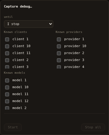 Debug capture menu with scope and duration controls