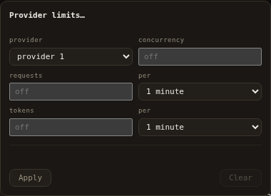 Limits menu with provider concurrency and request-rate fields