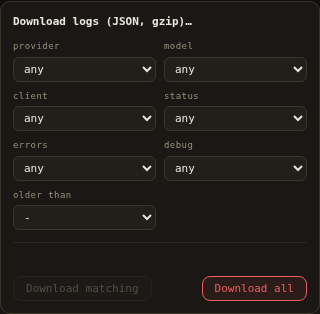 Logs menu with full-history export filters and download actions