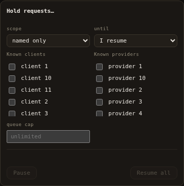 Pause menu with scope, duration, and queue cap controls
