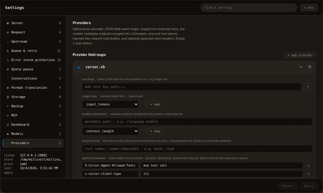 Provider Settings showing the public Cursor compatibility profile