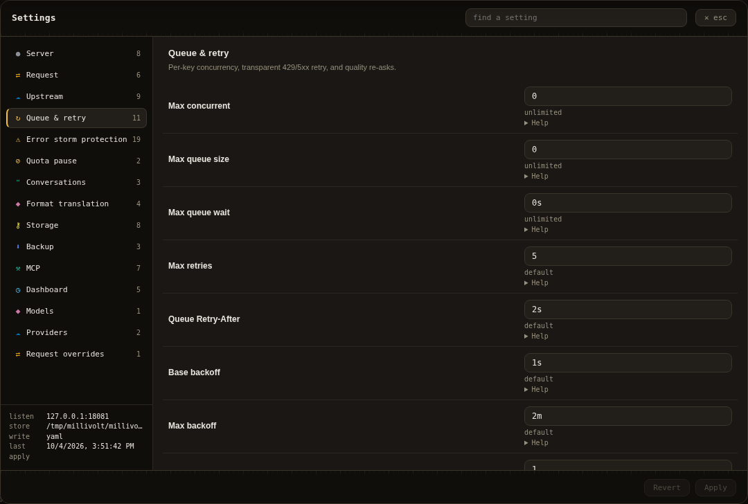 Queue and retry Settings with their public values and field descriptions